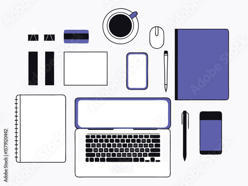 Minimalist office desk setup illustration featuring a laptop smartphone and stationery elements