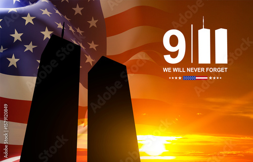 Photography Silhouette of Twin Towers and USA flag against the sunset