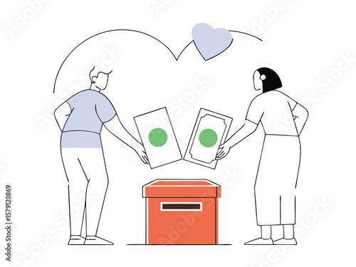 People donating money to charity depicted with a line art illustration style