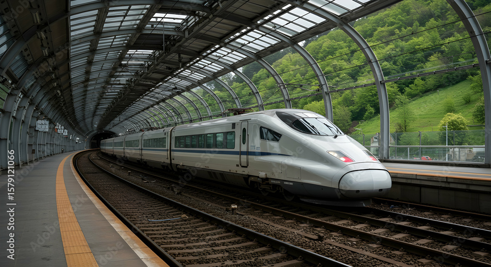 Naklejka premium High-Speed Train at Modern Railway Station Surrounded by Lush Greenery in a Scenic Urban Landscape
