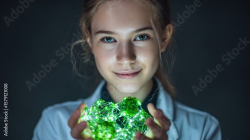 Young Woman Scientist Holds Glowing Network Science Future Innovation
