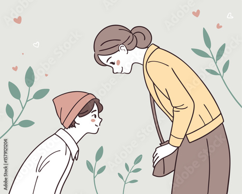 Tender moment of mother and child in a delicate minimalist illustration with floral accents