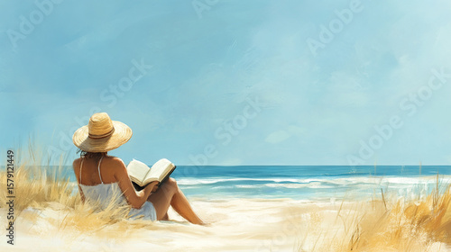 Woman reading book on beach summer vacation getaway travel relaxation ocean view straw hat sand dunes