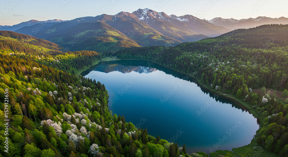 Fototapeta premium Aerial View of Mountain Lake Surrounded by Spring Forest