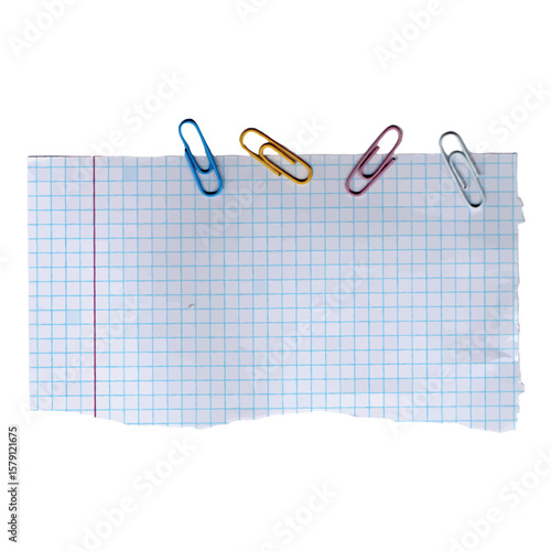a torn piece of paper with colored paper clips, a piece of squared paper from a student's 