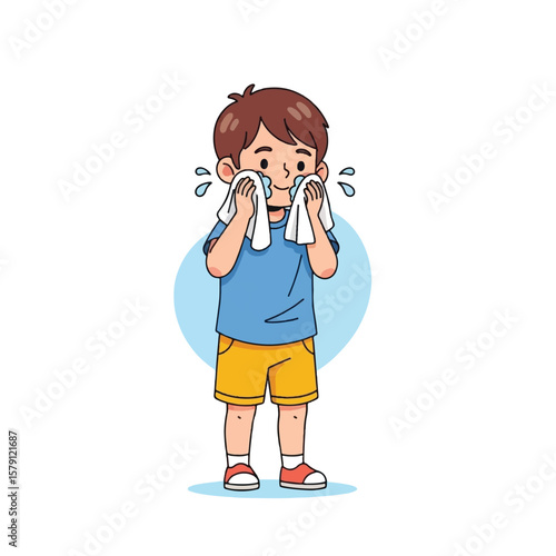 Cartoon boy wiping his face with a towel after exercising or playing.