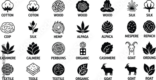 Material composition label glyph icon set. Vector pictograms of cotton, wool, silk, hemp, alpaca, cashmere, goat, textile, organic, natural, black sign silhouette