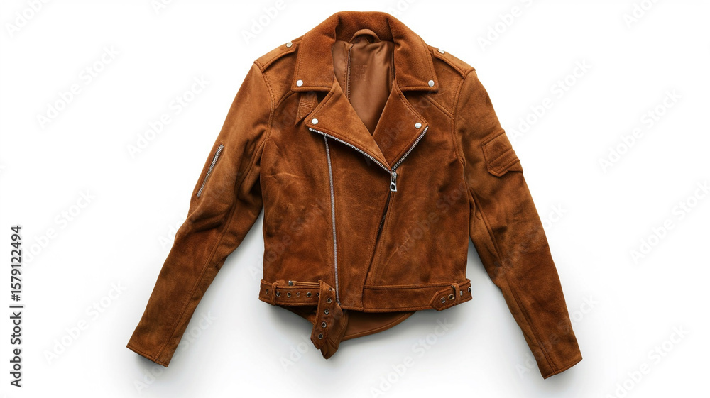 Naklejka premium Trendy cropped faux suede moto jacket in rich brown, featuring stylish zippers and an edgy belt.