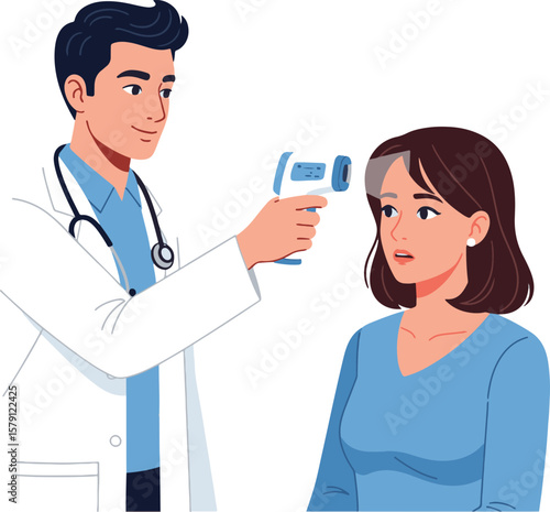 2D vector of medical officer using infrared thermometer