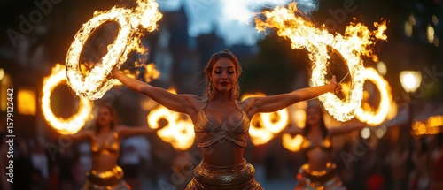 Dazzling Fire Performer at Night with Flaming Rings in Action