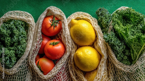Reusable Bags Kale Tomatoes Lemons Healthy Fresh Produce Eco Friendly