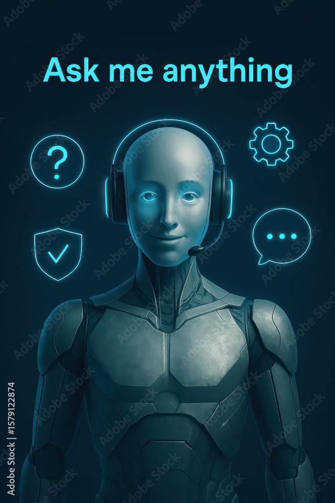 Obraz premium An AI assistant character stands, an invitation to engage in the world of artificial intelligence. The character wears a headset, symbols around suggesting communication, support, settings.