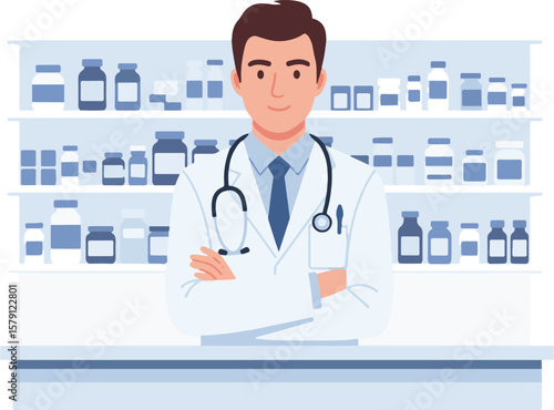 2D flat vector of Pharmacist behind medicine counter