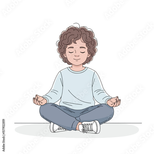 A young child sits cross-legged, eyes closed, meditating peacefully in a calm pose.