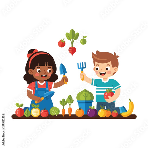 Two children happily gardening, surrounded by various fruits and vegetables.