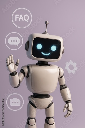 A friendly robot assistant, representing future technology, greets with a welcoming gesture, surrounded by informational icons on a vibrant, modern background. customer support service