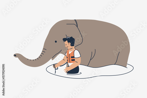 Illustration of Man Helping Elephant Escape Flood