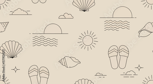 Minimalist beach pattern with seashells sun clouds waves and sandals in black outline.