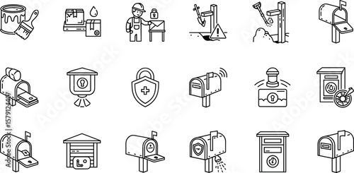 Mailbox installation line icon set. Vector pictograms of decorative paint, professional installer, posthole, waterproof, parcel, secure, sensor, smart, thin 