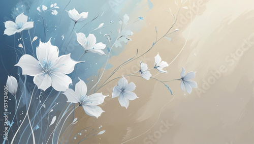 Seamless pattern of delicate white flowers with leaf and butterfly elements on a blue background perfect for spring or summer decor