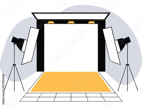 Minimalist illustration of a photography studio setup with lights and background
