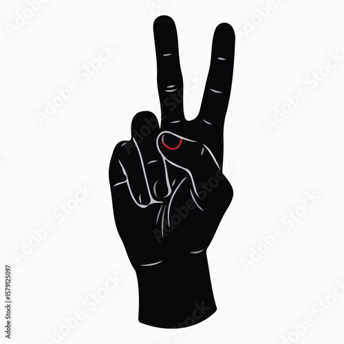 Black silhouette of a hand showing peace sign with glove on white background