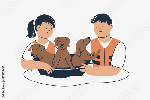 Illustration of Rescue Team Helping Dogs During Flooding