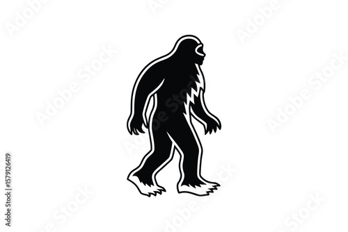 Mysterious Bigfoot Striding Confidently A Cryptid Encounter Depicted in Bold Black and White Silhouette Style Evoking Folklore and Adventure silhouette bold black white depicts