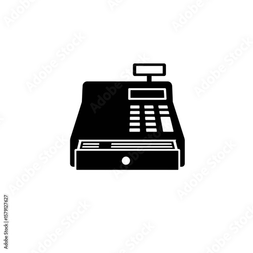 Cash Register Icon: A monochrome, graphic depiction of a cash register, presented in a minimalist style.