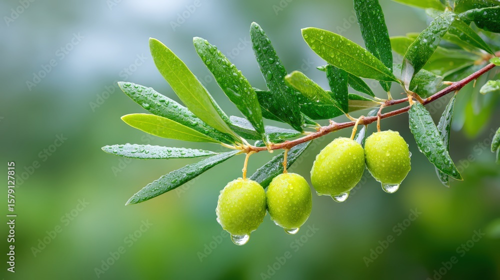 Fototapeta premium Farm to bottle olive oil visual, Close-up of green olives with water droplets hanging from a branch with green leaves in a natural outdoor setting.