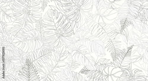 Delicate line art of tropical foliage featuring monstera leaves and fern fronds.