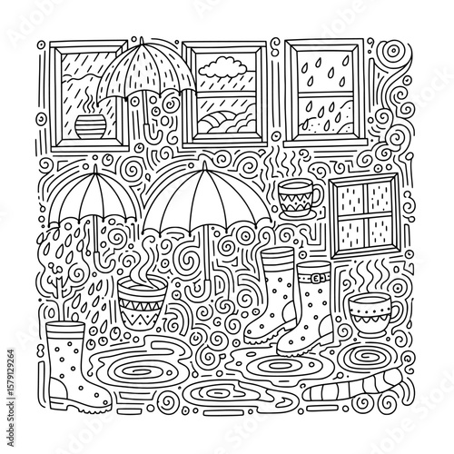 Rainy day with umbrellas and rain coats inside a cozy room