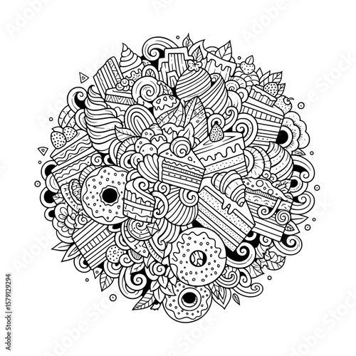 Detailed seamless pattern with desserts and sweets