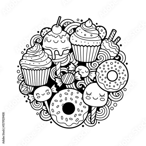 dessert sweets with cupcakes donuts and candies on black background