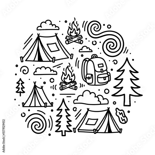 outdoor camping tents with trees and campfires scene