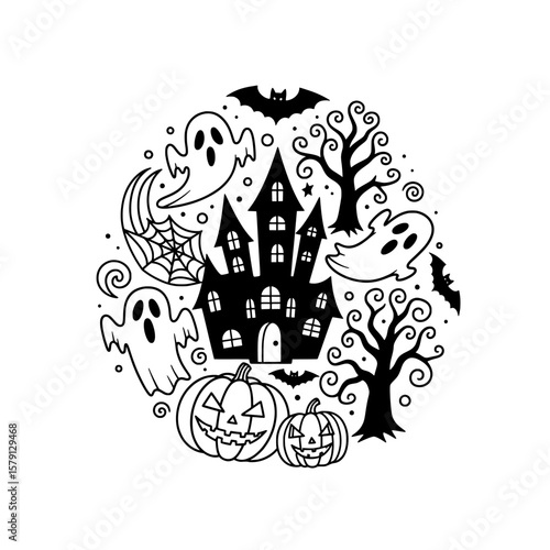 Haunted house with bats ghosts and pumpkins for Halloween celebration