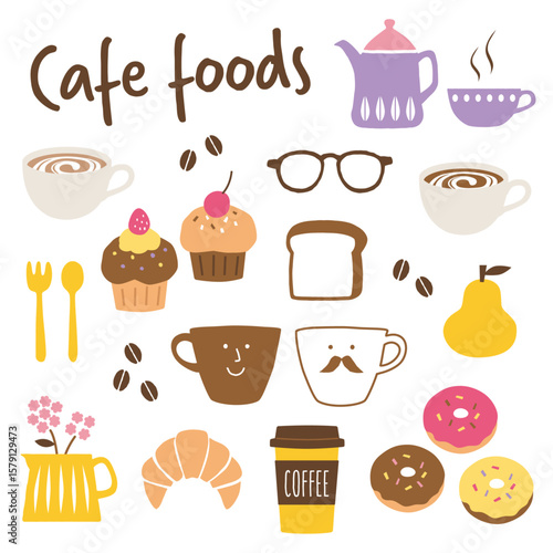 カフェフードのイラストアイコン cafe/food/スイーツ/ドリンク/メニュー/食器/コーヒー/紅茶