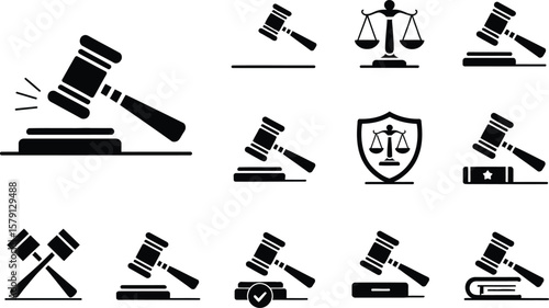 Black Gavel Icons with Scales Shield and Book Illustrations