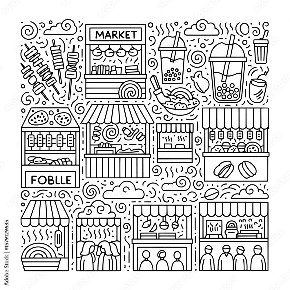 Fototapeta premium street food market scene with stalls and people