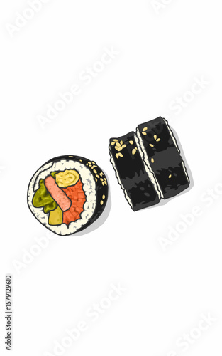 Susi Japanese food top view and side. Sea food and vegetables