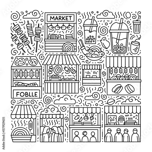 street food market scene with stalls and people