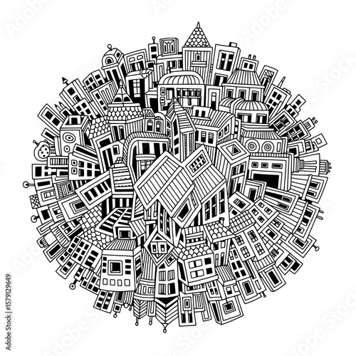 cityscape with various buildings and rooftops on black background