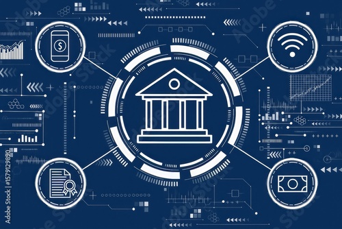 Digital Banking and Technology: A Modern Financial Landscape of Innovation and Connectivity with Secure Transactions and Data Analysis on Blue Backdrop.