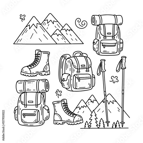 mountain camping gear hiking accessories outline style