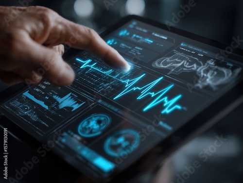 Wallpaper Mural Futuristic medical tablet showing glowing vital signs dashboard, doctor's hands operating an EKG, holographic patient data highlighted on dark interface. Torontodigital.ca