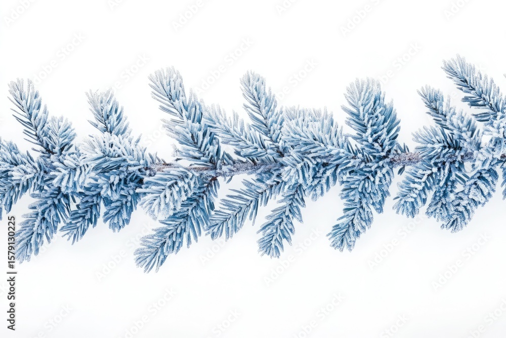 Fototapeta premium Frost-covered pine branch isolated on white background, winter scene.