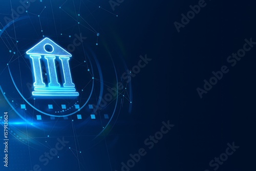 Digital Banking and Finance Technology Concept: A Glowing Bank Icon Set Against a Deep Blue Network Background