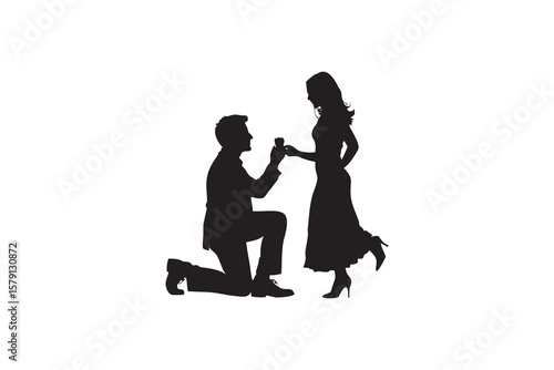 Silhouette of a man proposing to a woman with a ring symbolizing love commitment and a significant life event set against a clean white background