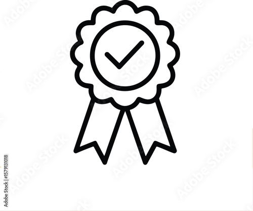 Award Badge Icon – Black Outline Rosette with Checkmark and Ribbons on White Background