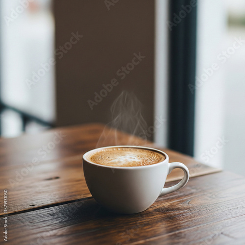 cup of coffee on wooden table